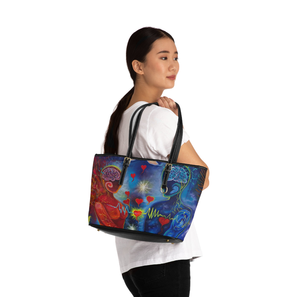 Cosmic Love Art Tote with Angel & Heartbeat Design PU Leather Shoulder Bag