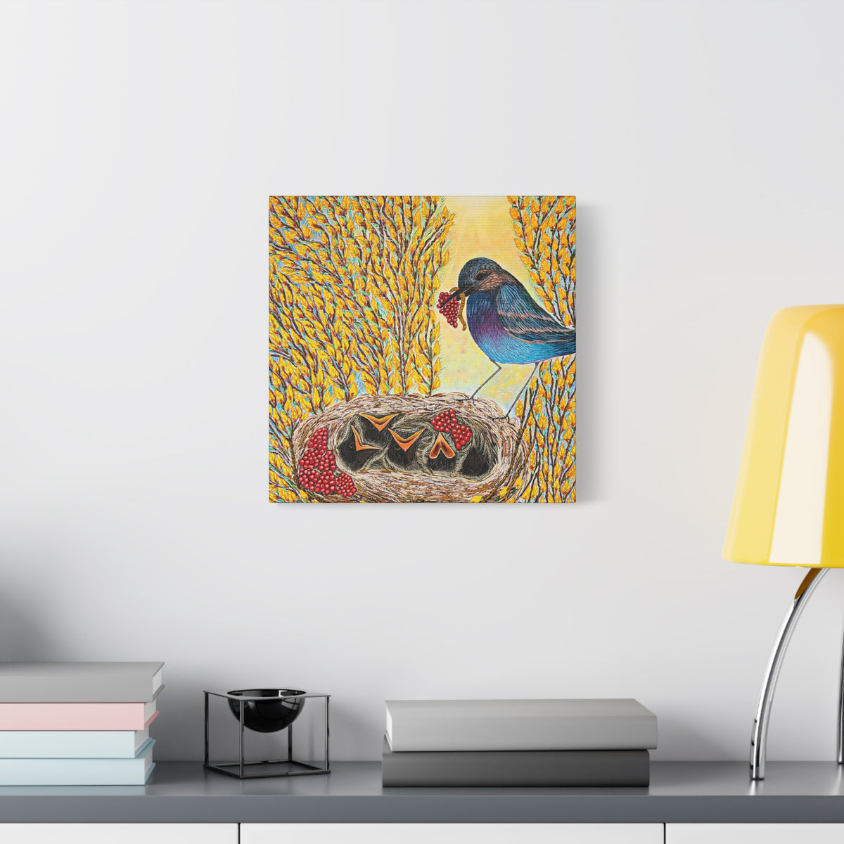 Canvas Print — MOTHER BIRD FEEDING CHICKS