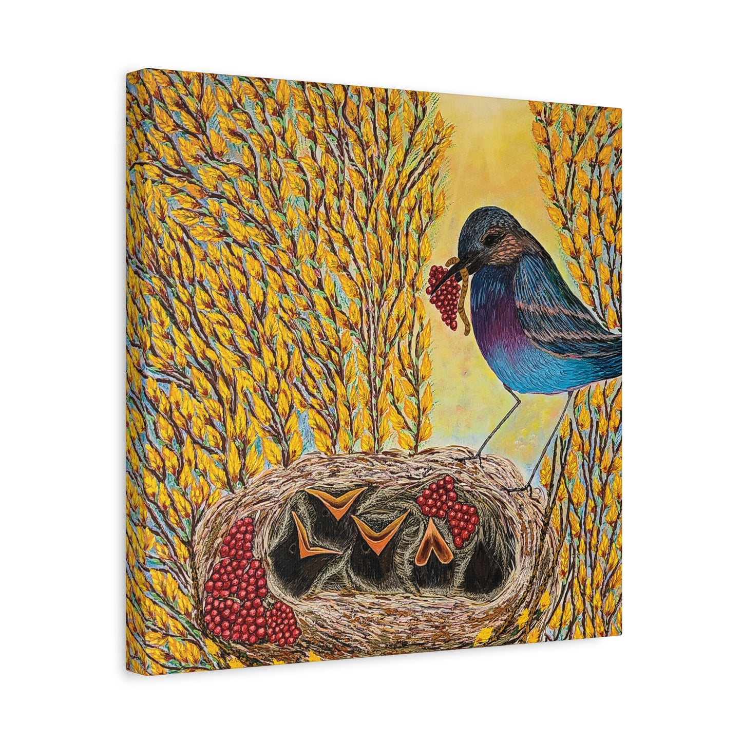 Canvas Print — MOTHER BIRD FEEDING CHICKS