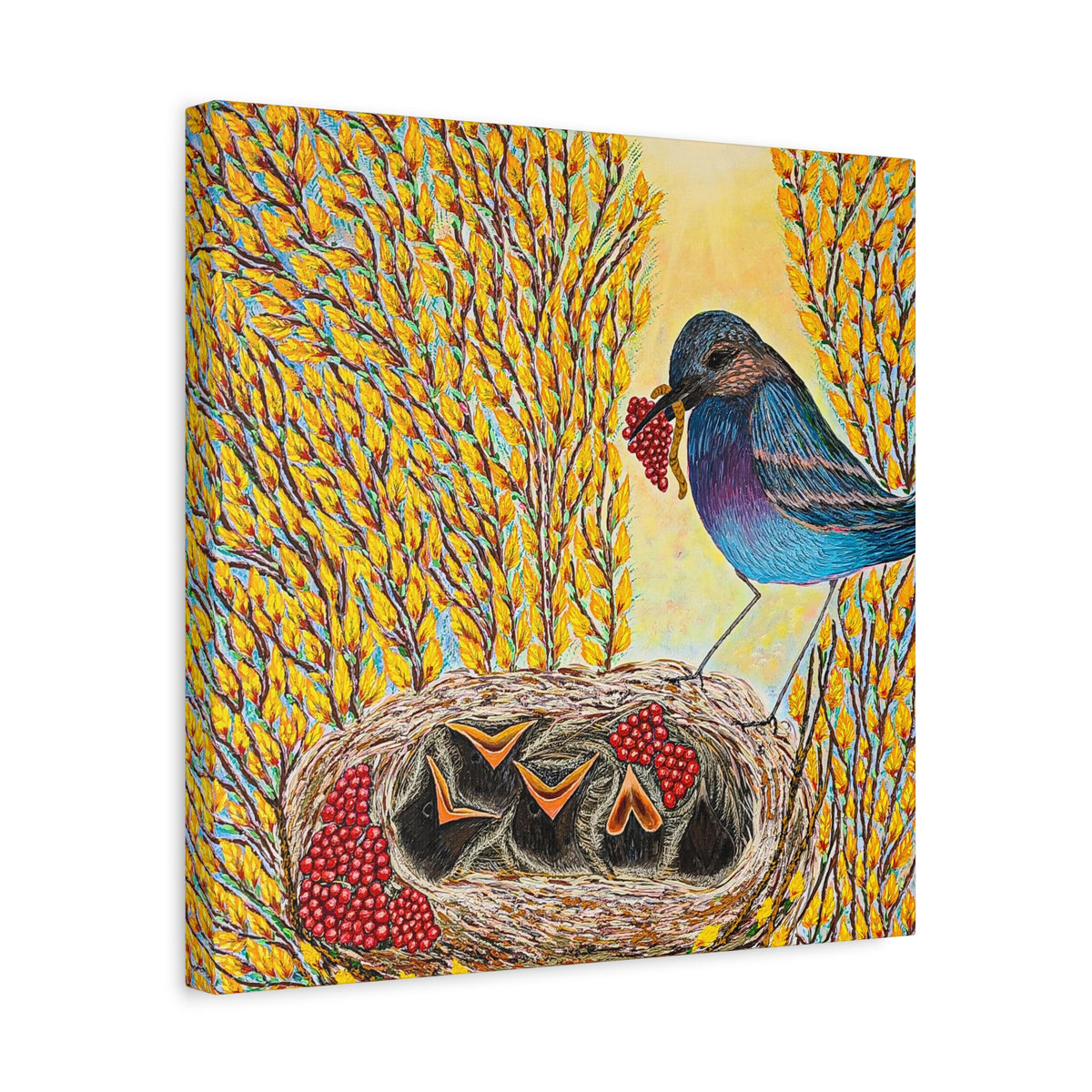 Canvas Print — MOTHER BIRD FEEDING CHICKS
