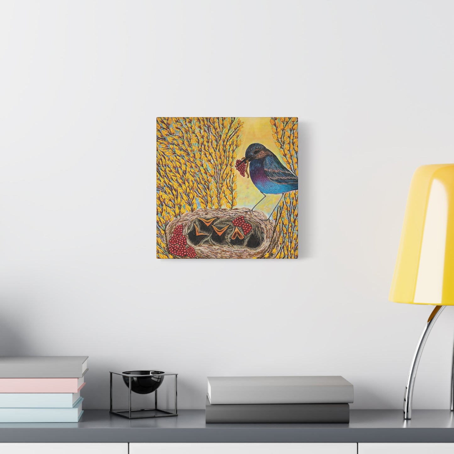 Canvas Print — MOTHER BIRD FEEDING CHICKS