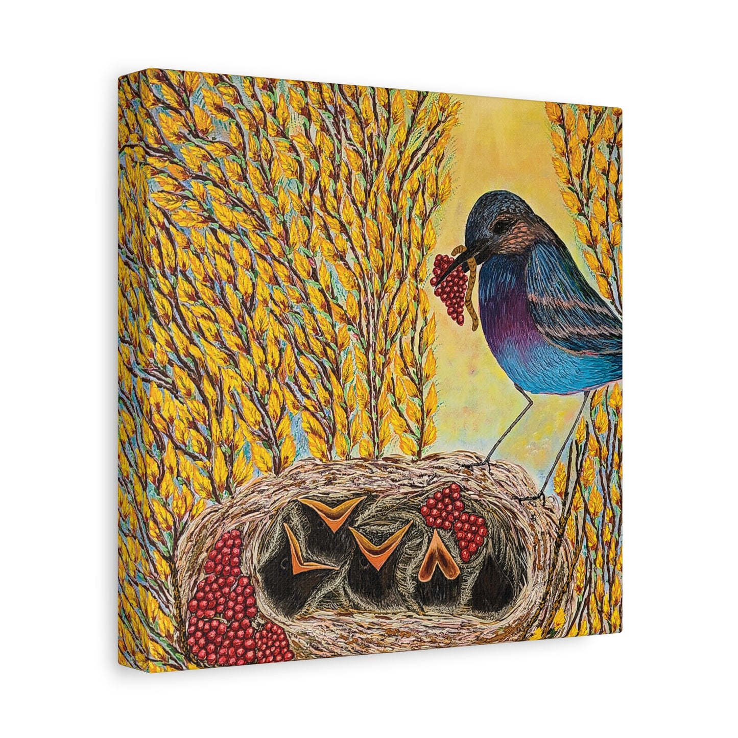 Canvas Print — MOTHER BIRD FEEDING CHICKS