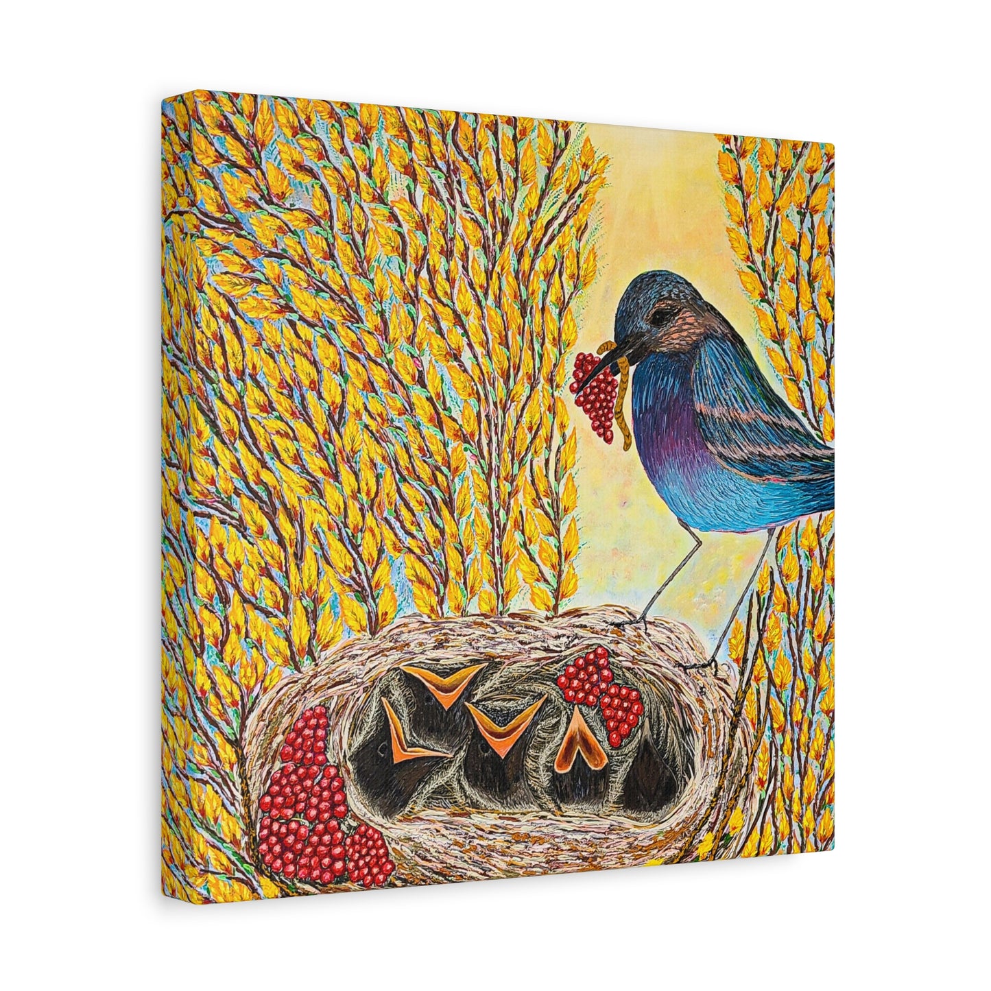 Canvas Print — MOTHER BIRD FEEDING CHICKS
