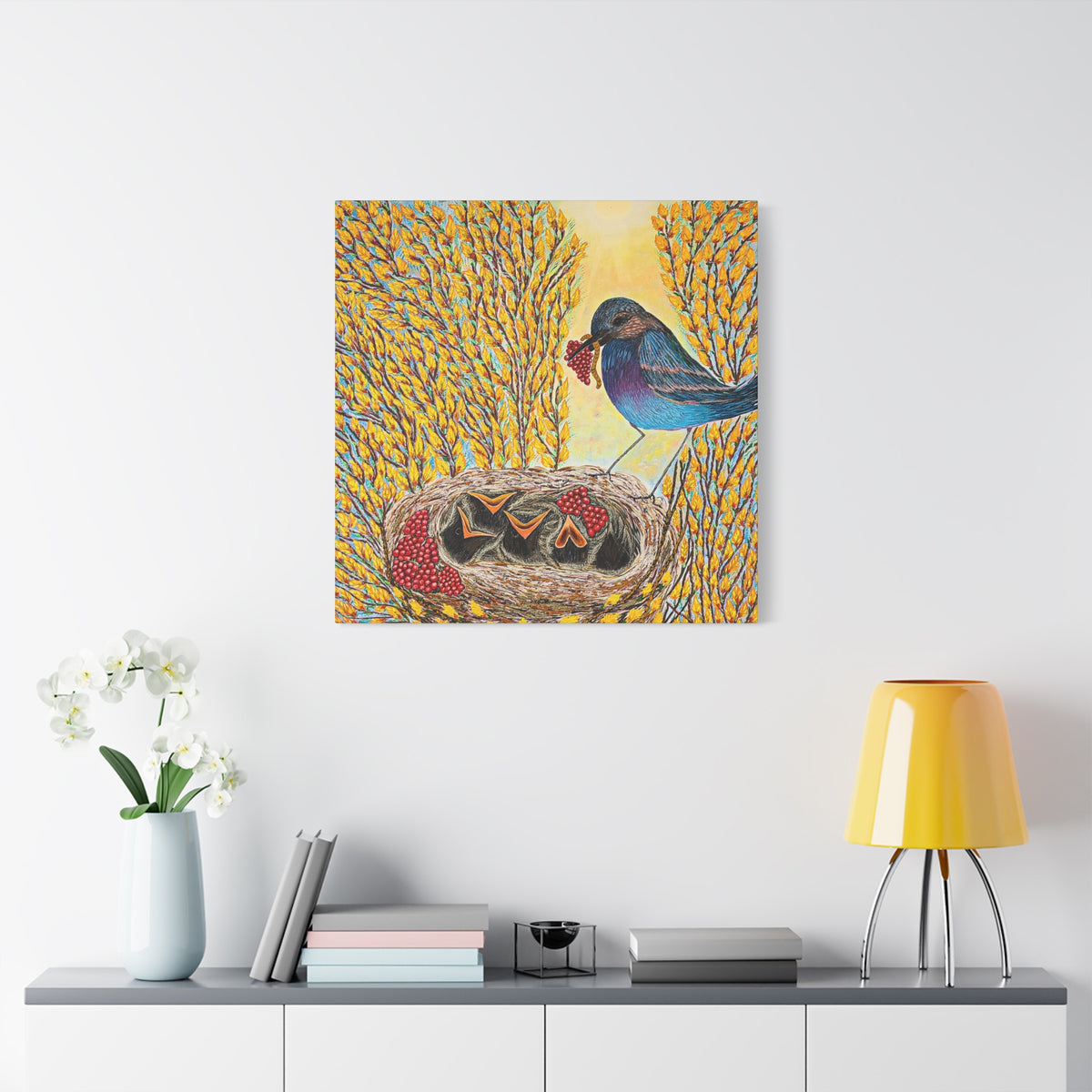 Canvas Print — MOTHER BIRD FEEDING CHICKS