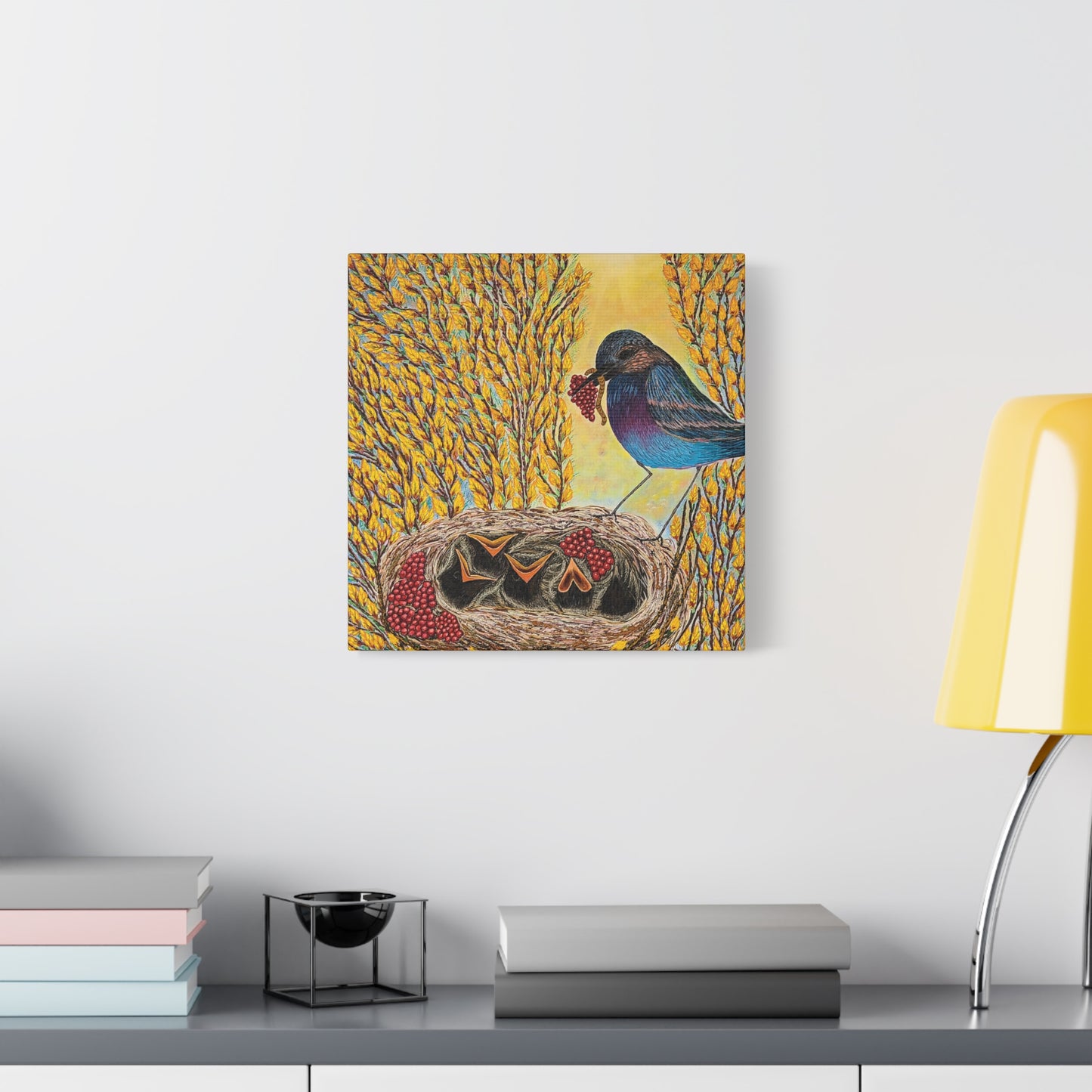 Canvas Print — MOTHER BIRD FEEDING CHICKS