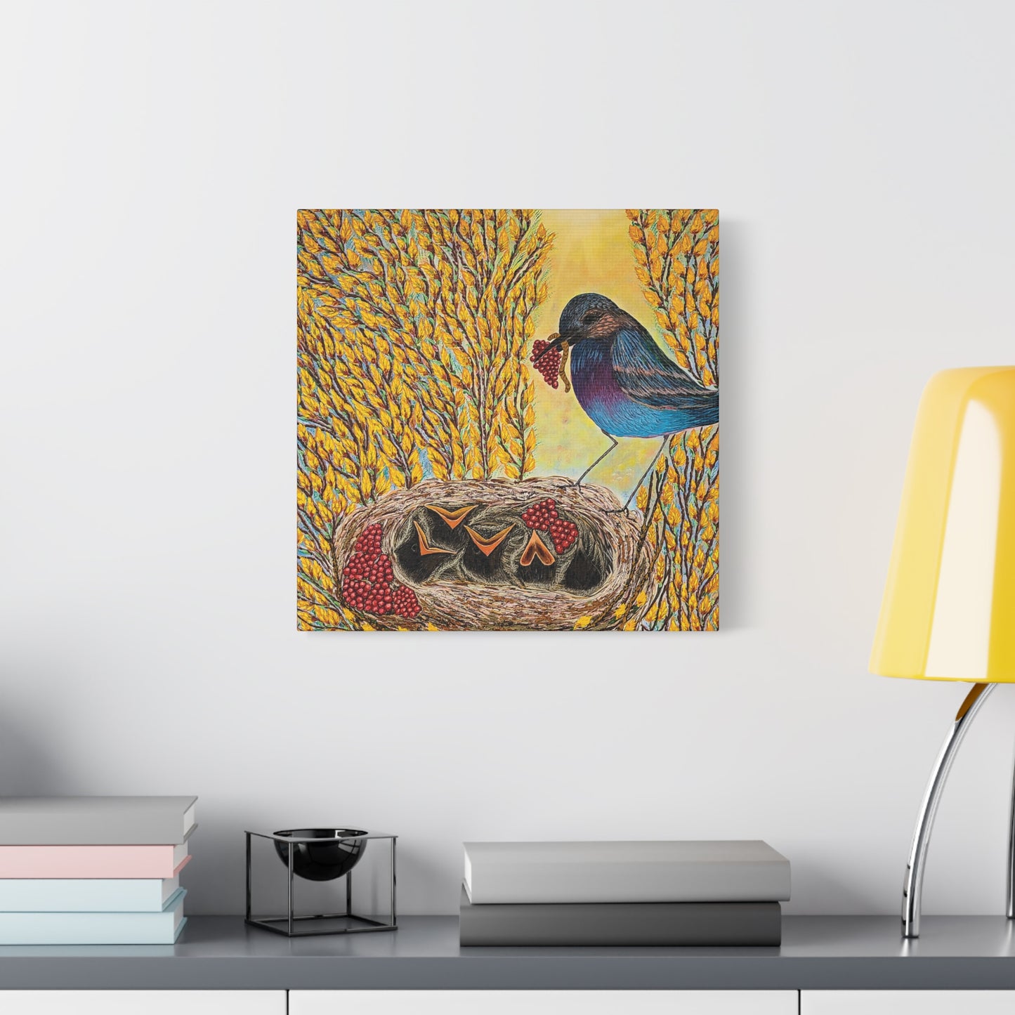 Canvas Print — MOTHER BIRD FEEDING CHICKS