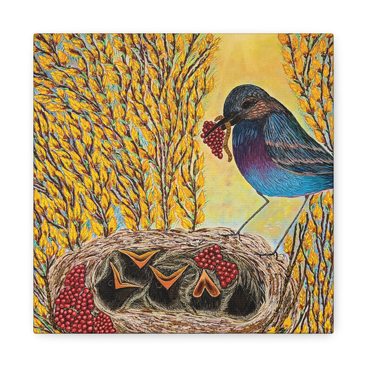 Canvas Print — MOTHER BIRD FEEDING CHICKS