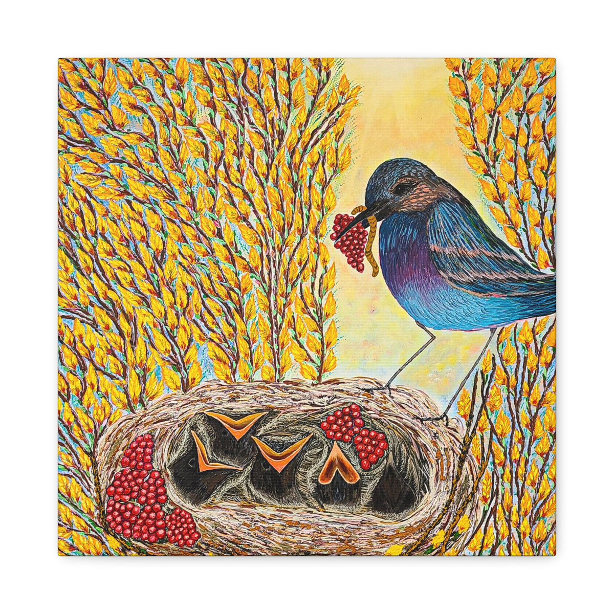 Canvas Print — MOTHER BIRD FEEDING CHICKS
