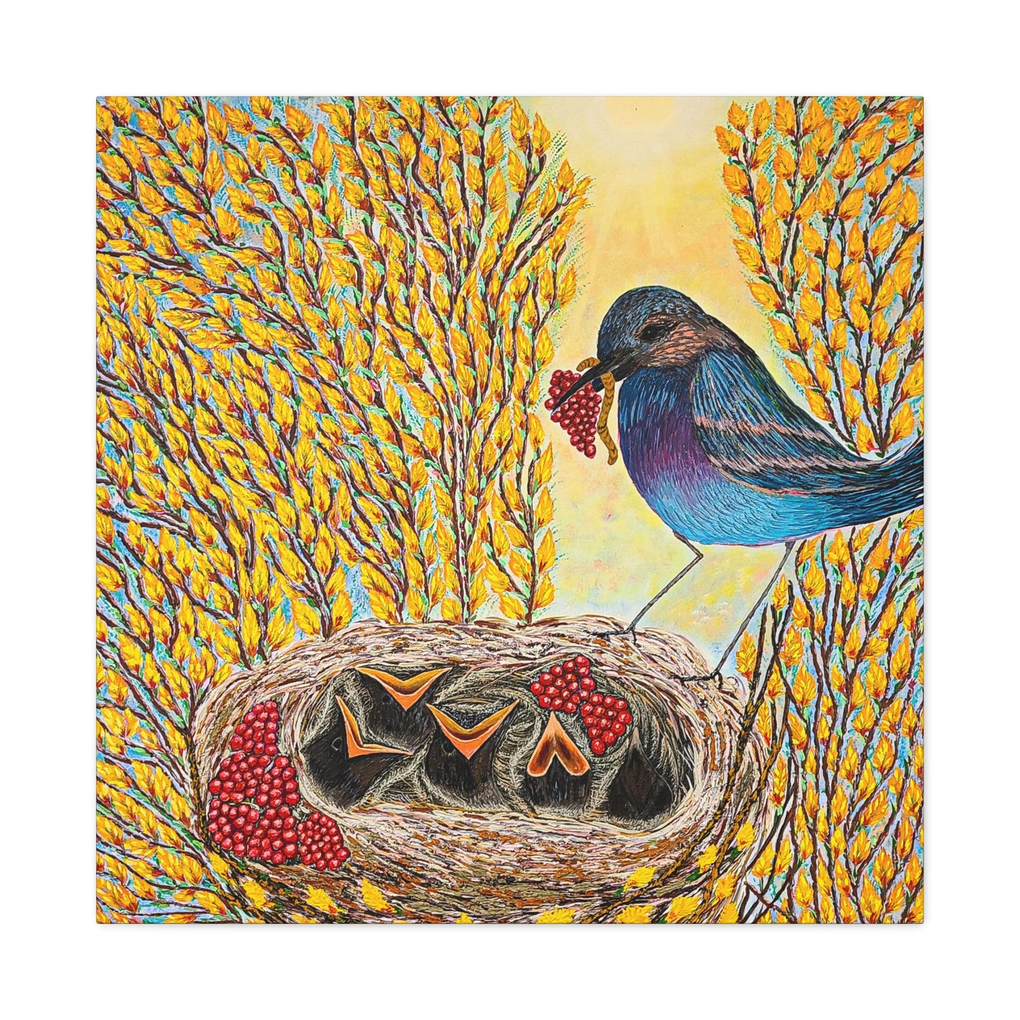 Canvas Print — MOTHER BIRD FEEDING CHICKS