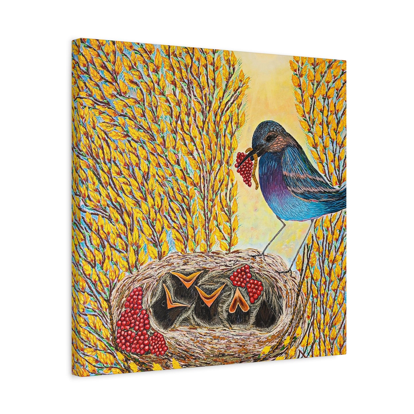 Canvas Print — MOTHER BIRD FEEDING CHICKS