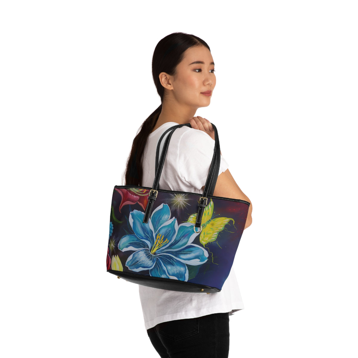 Blue Lily & Butterfly Tote PU Shoulder Bag