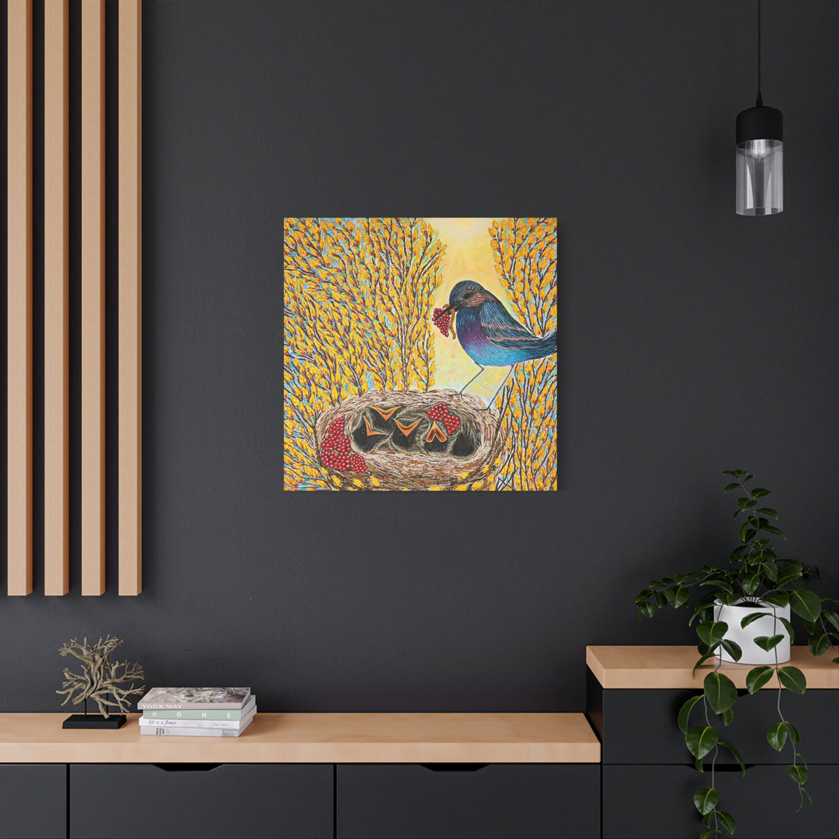 Canvas Print — MOTHER BIRD FEEDING CHICKS