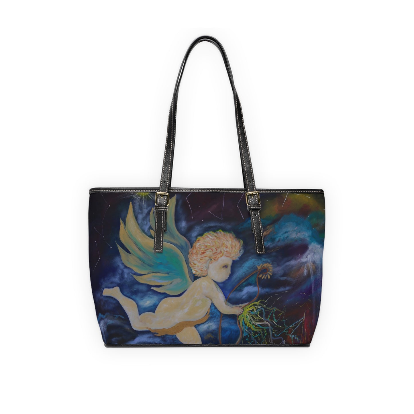 Cosmic Love Art Tote with Angel & Heartbeat Design PU Leather Shoulder Bag
