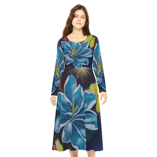 Floral Blue Lily Long Sleeve Dance Dress