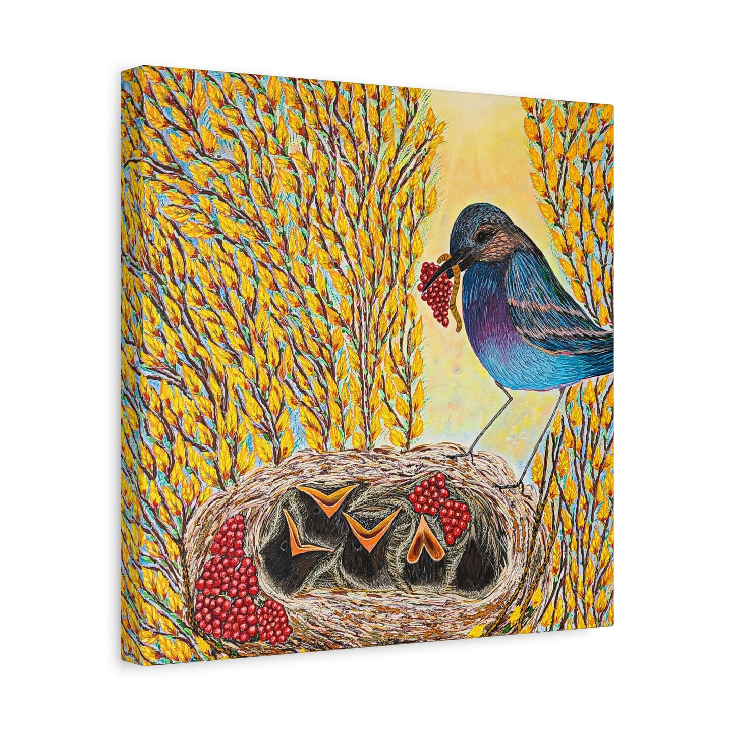 Canvas Print — MOTHER BIRD FEEDING CHICKS