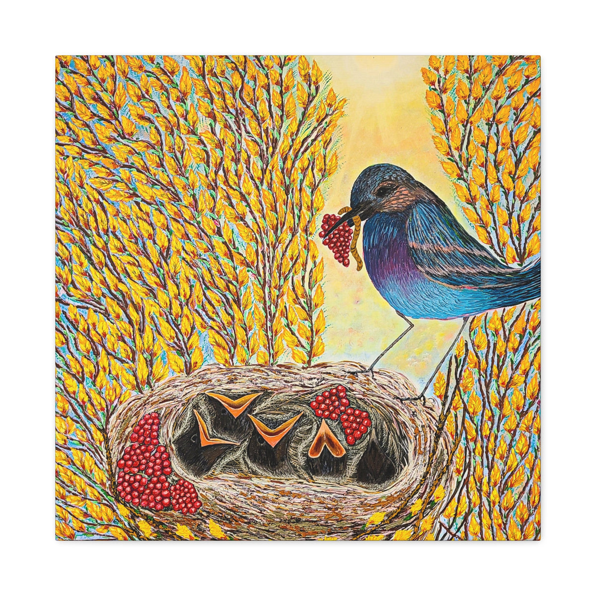 Canvas Print — MOTHER BIRD FEEDING CHICKS