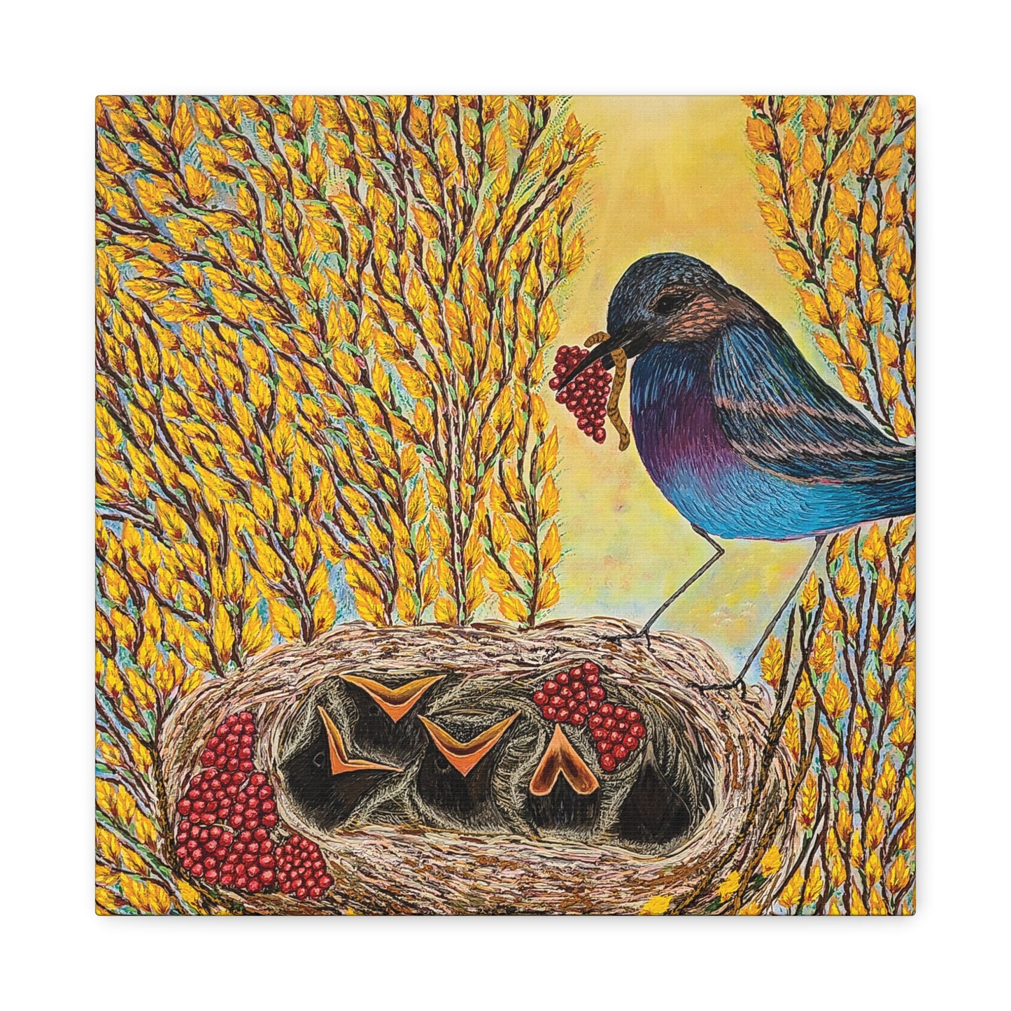 Canvas Print — MOTHER BIRD FEEDING CHICKS