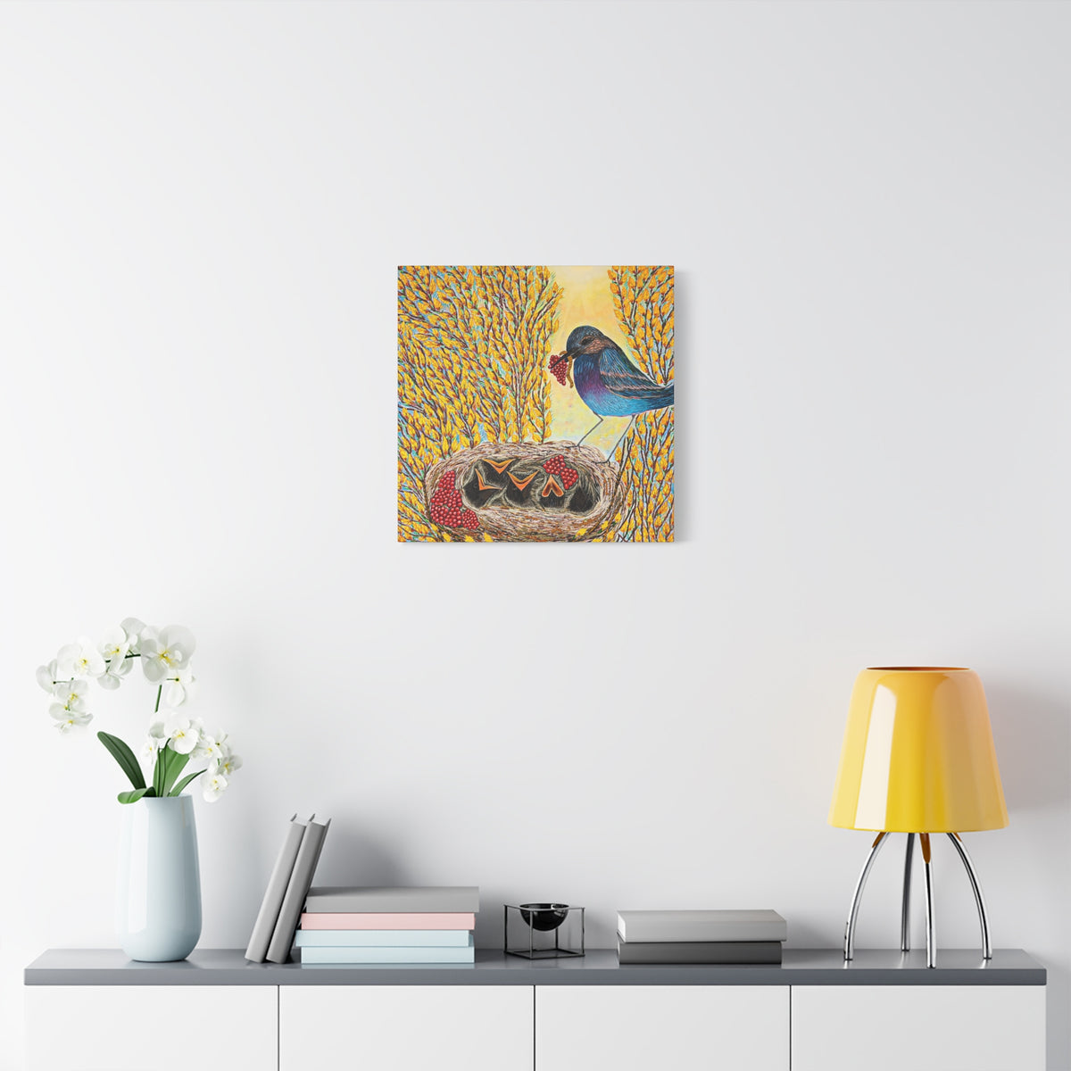 Canvas Print — MOTHER BIRD FEEDING CHICKS