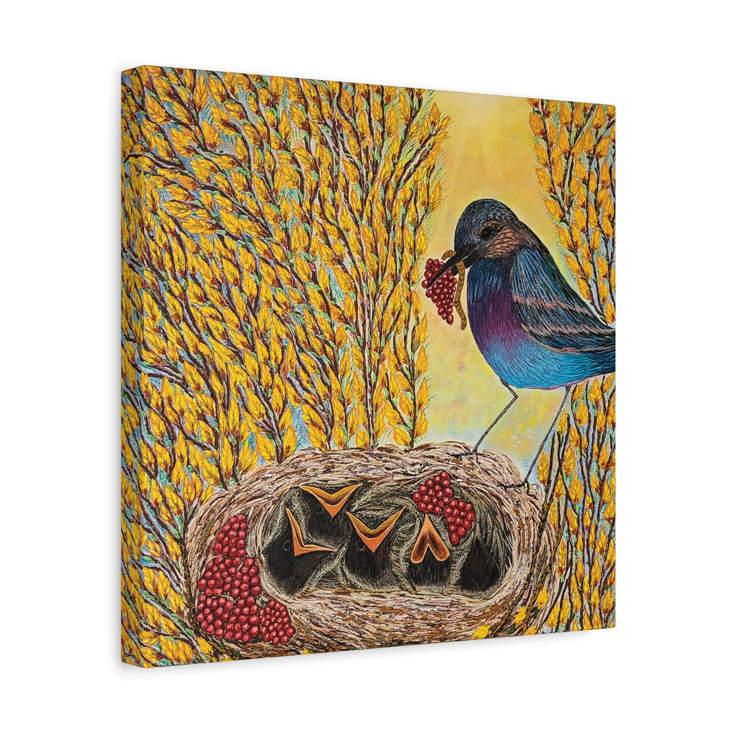 Canvas Print — MOTHER BIRD FEEDING CHICKS