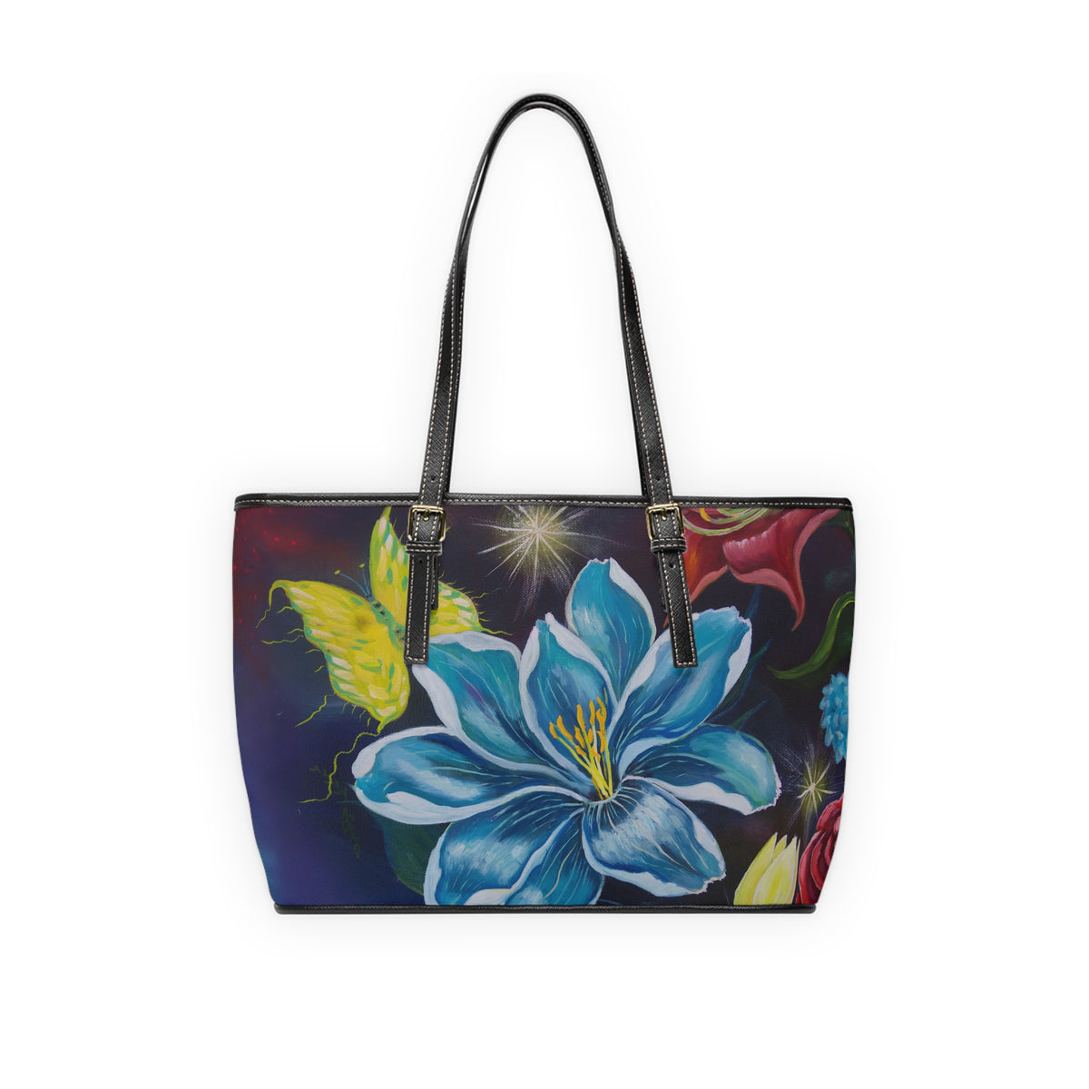 Blue Lily & Butterfly Tote PU Shoulder Bag