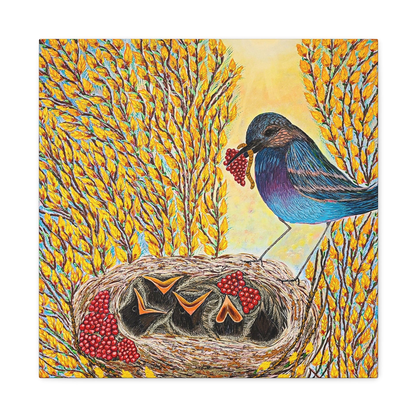 Canvas Print — MOTHER BIRD FEEDING CHICKS
