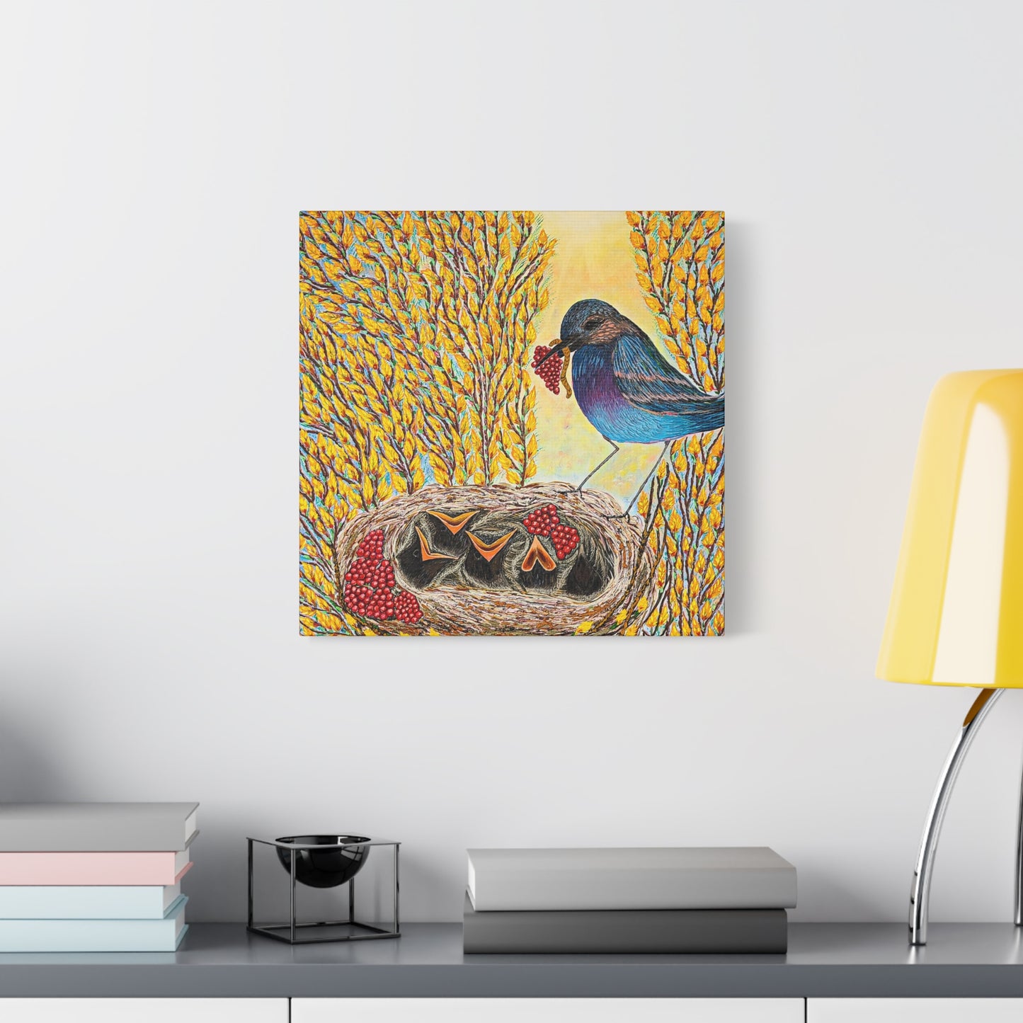 Canvas Print — MOTHER BIRD FEEDING CHICKS