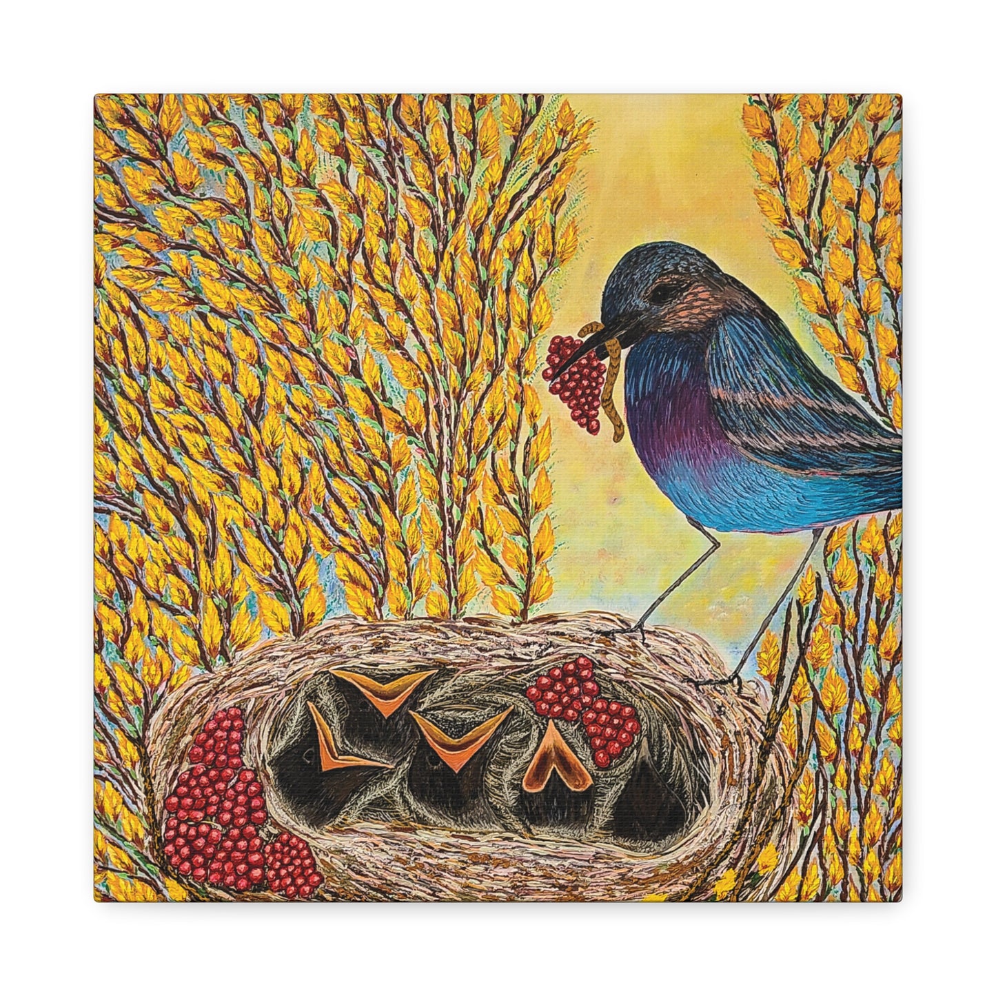 Canvas Print — MOTHER BIRD FEEDING CHICKS