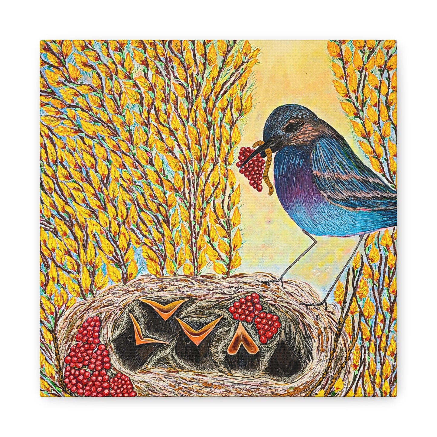 Canvas Print — MOTHER BIRD FEEDING CHICKS