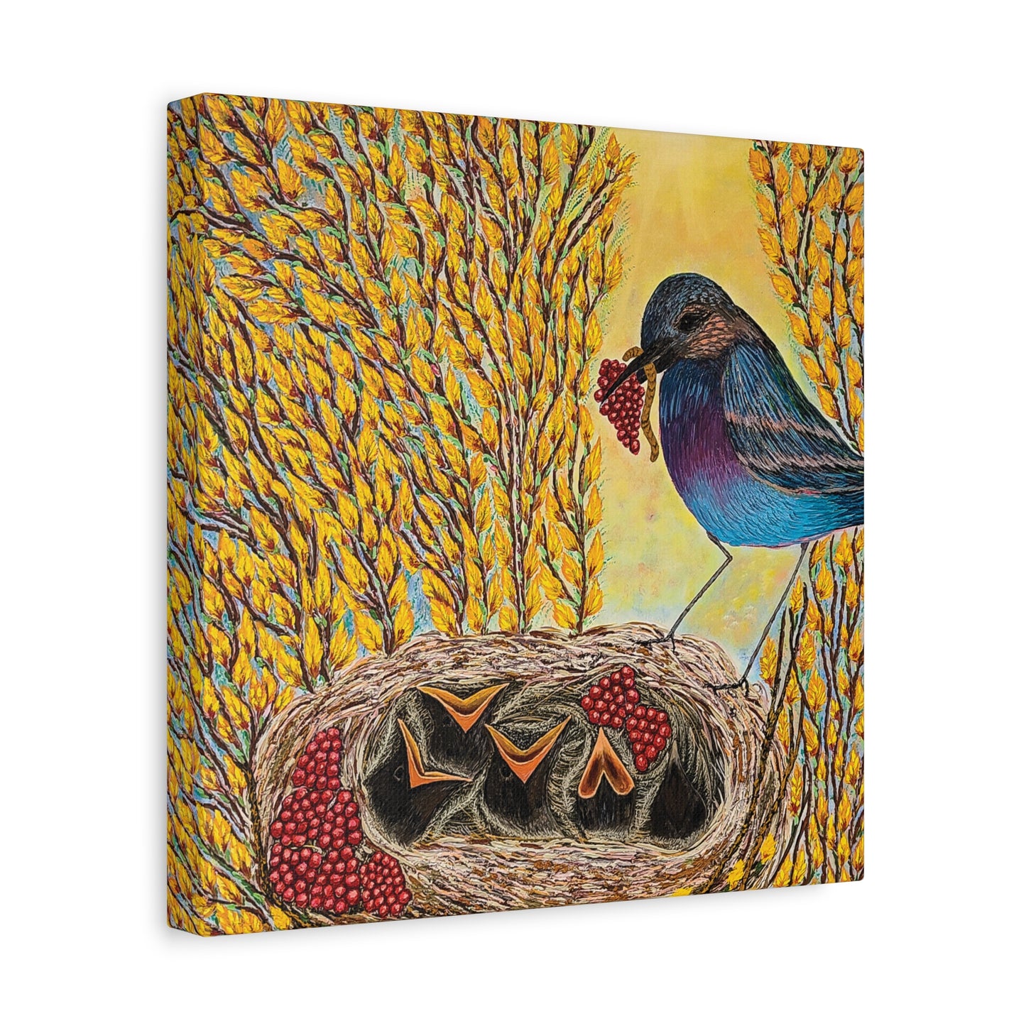 Canvas Print — MOTHER BIRD FEEDING CHICKS