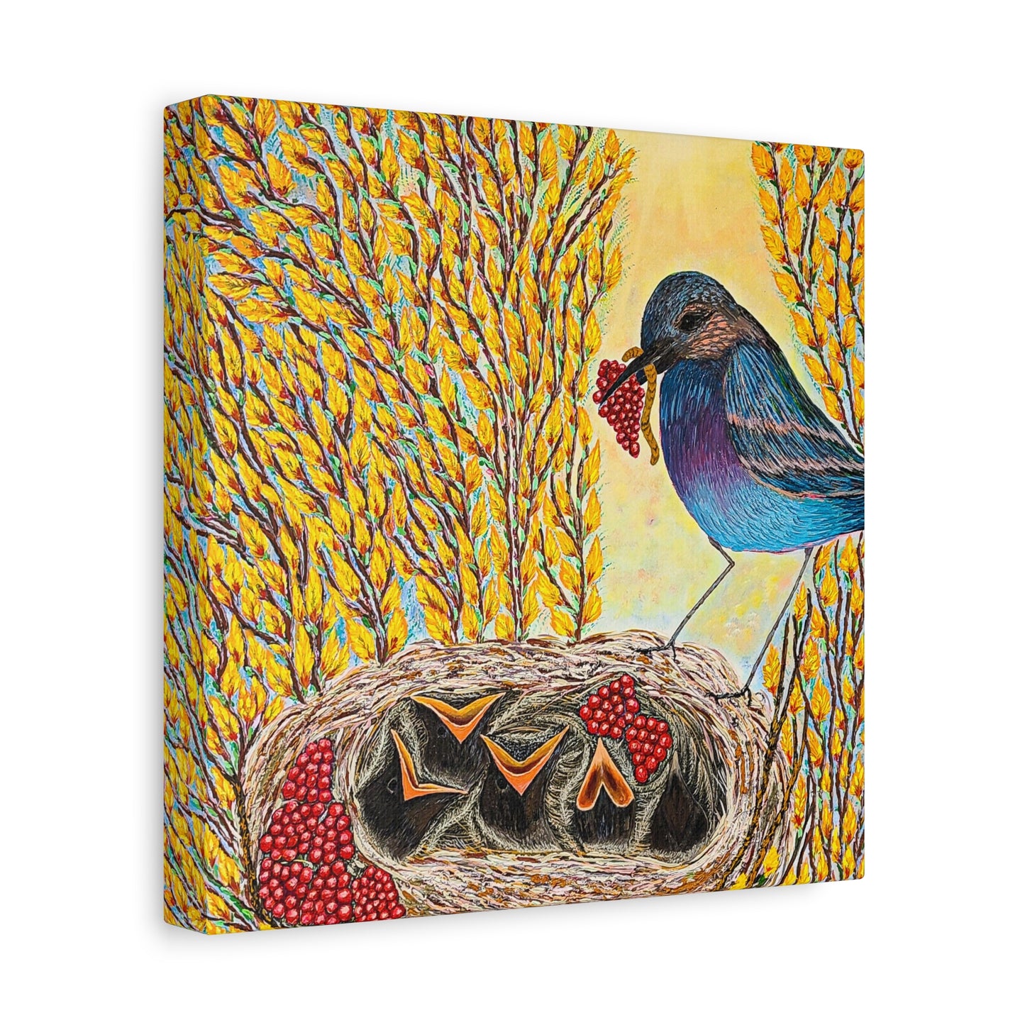 Canvas Print — MOTHER BIRD FEEDING CHICKS