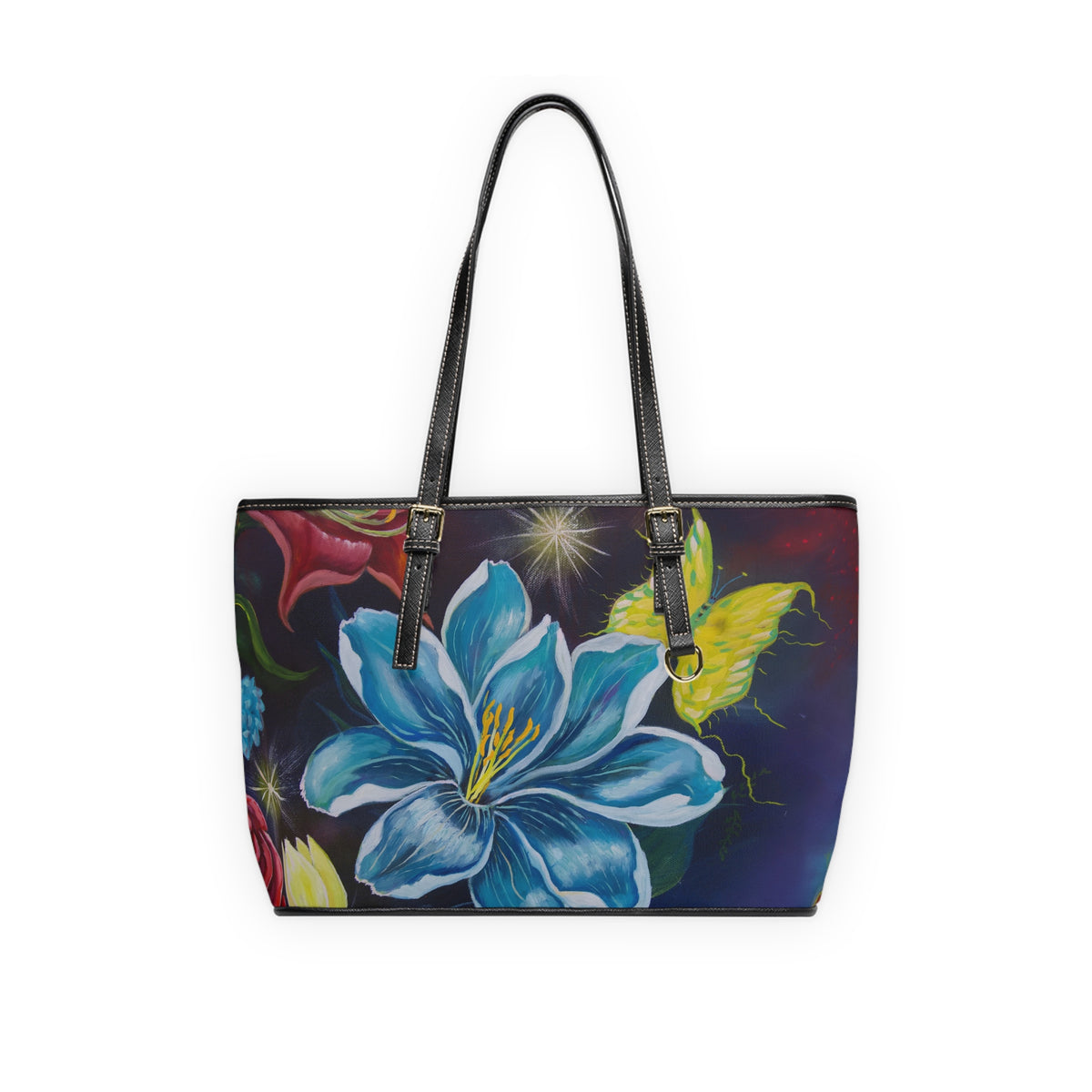 Blue Lily & Butterfly Tote PU Shoulder Bag