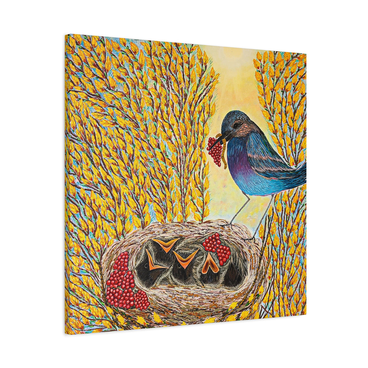 Canvas Print — MOTHER BIRD FEEDING CHICKS