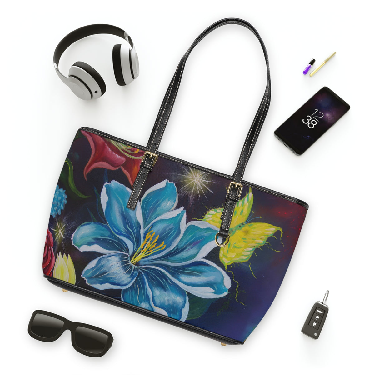 Blue Lily & Butterfly Tote PU Shoulder Bag