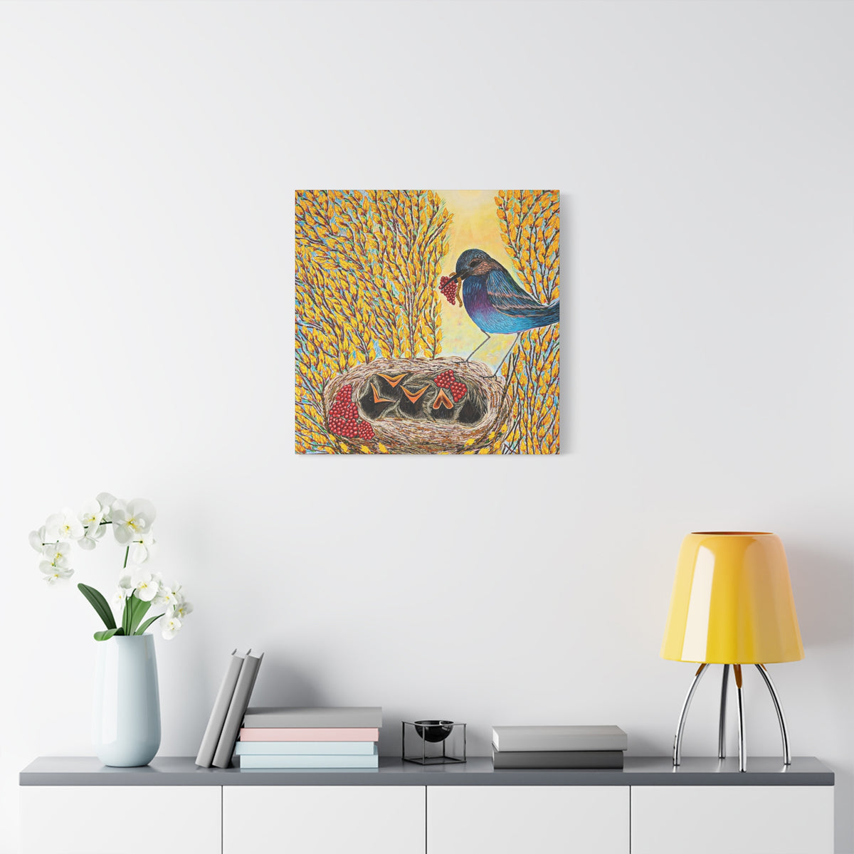 Canvas Print — MOTHER BIRD FEEDING CHICKS
