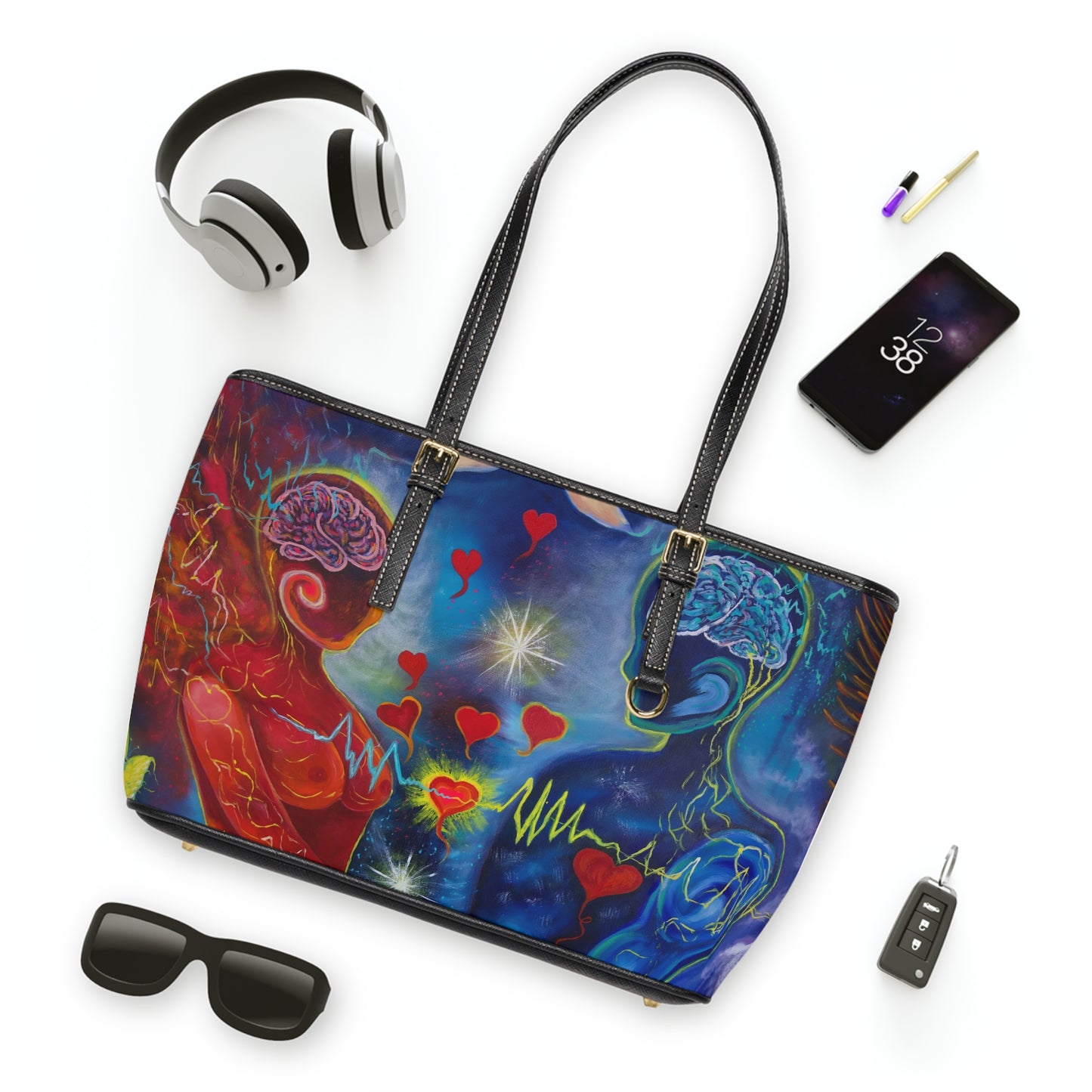 Cosmic Love Art Tote with Angel & Heartbeat Design PU Leather Shoulder Bag